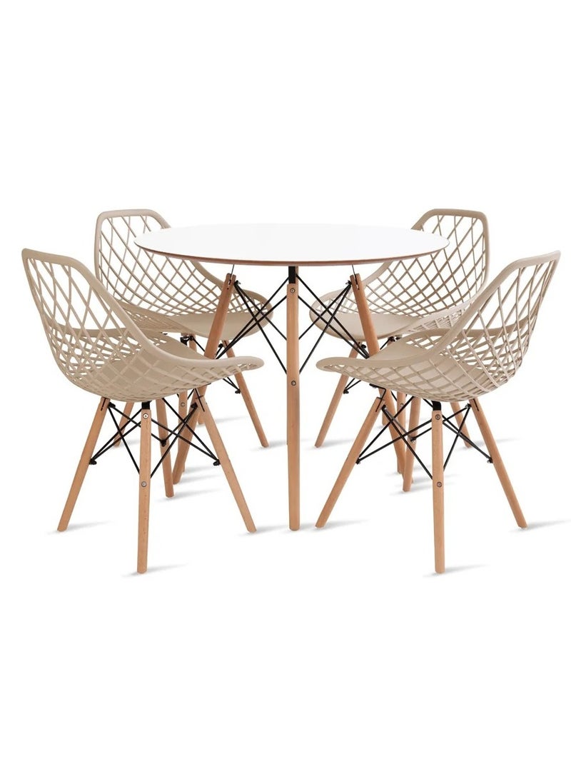 Taimi 5-Piece Compact Mid-Century Modern Dining Set | Round White Table 80x80x72cm with 4 Plastic DSW Shell Dining Chair Khaki - Image 2