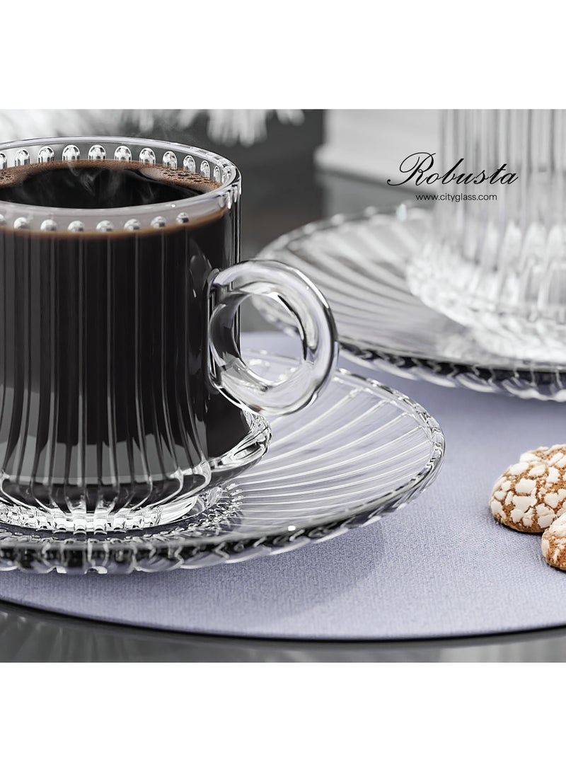CITY GLASS City Glass Robusta Line Tea Mug Set of 12 | 6 Tea Mugs + 6 Tea Serving Plates Clear Glass 220ml - Image 4