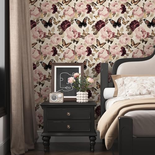 Laatse Butterfly Floral Wallpaper Peel and Stick Vintage BeigePink Contact Paper 175 x 393 Boho Flower Wall Paper Self Adhesive Waterproof Removable for Bathroom Shelves Cabinet Drawer Table Decor - Image 3