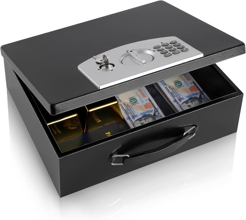 Dalmbox Portable Metal Safe Box with Digital Code Lock,Fire Resistant Storage for Documents, Fireproof Safe Box, Car, Home, Office and Outside, Black Box,Large - Image 1