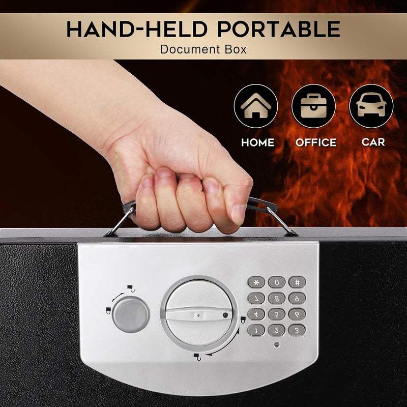 Dalmbox Portable Metal Safe Box with Digital Code Lock,Fire Resistant Storage for Documents, Fireproof Safe Box, Car, Home, Office and Outside, Black Box,Large - Image 3