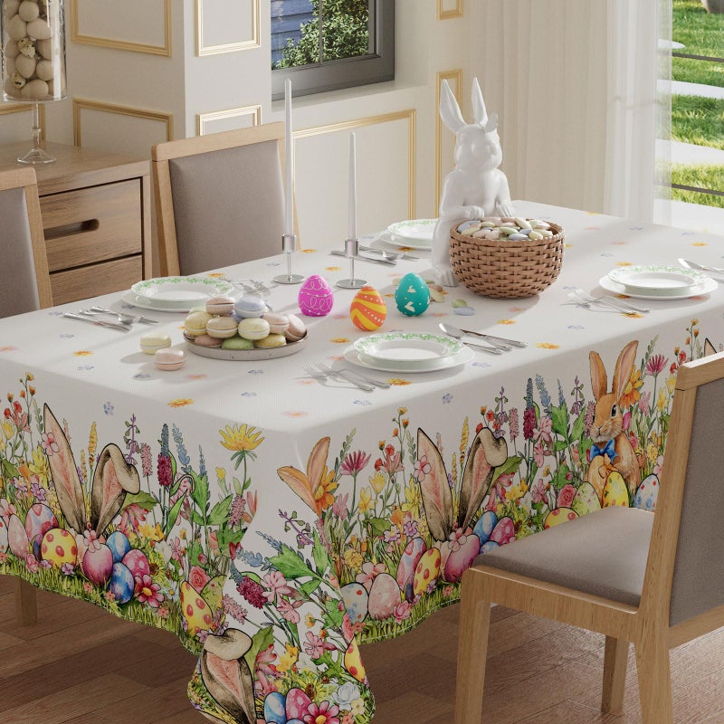 XCHI Bunny Ears Eggs Wildflowers Rabbits Easter Tablecloth Rectangle Table Cloth Washable Table Covers for Indoor Dining Home Party Decorations 60x84 Inch - Image 1
