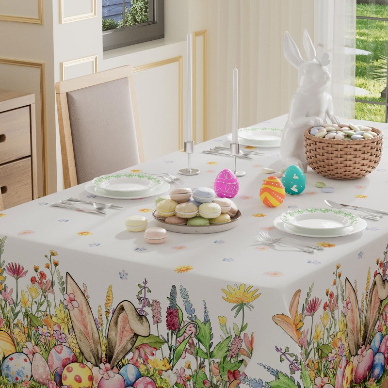 XCHI Bunny Ears Eggs Wildflowers Rabbits Easter Tablecloth Rectangle Table Cloth Washable Table Covers for Indoor Dining Home Party Decorations 60x84 Inch - Image 3