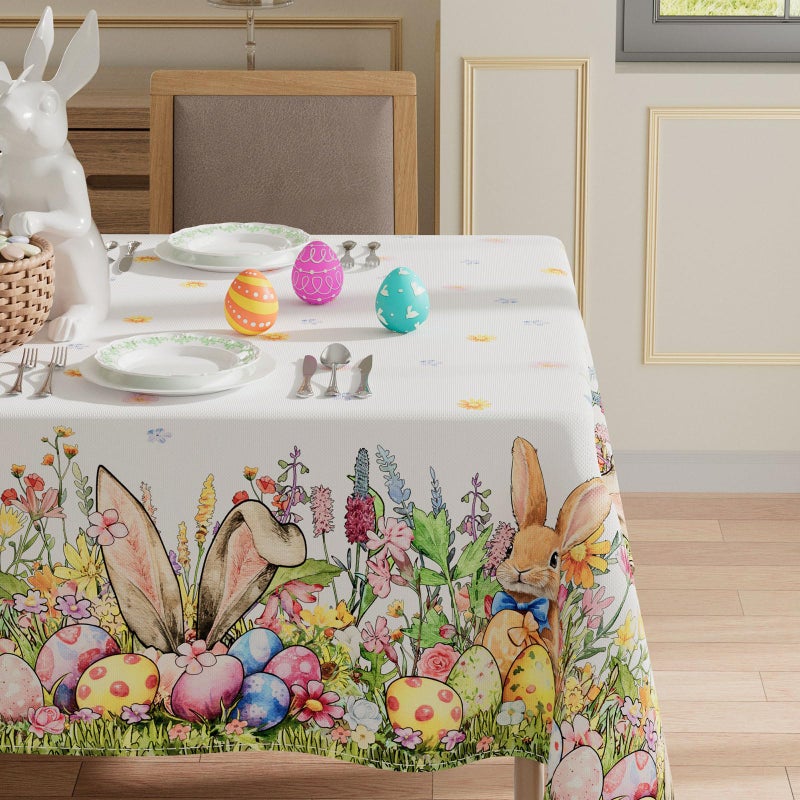 XCHI Bunny Ears Eggs Wildflowers Rabbits Easter Tablecloth Rectangle Table Cloth Washable Table Covers for Indoor Dining Home Party Decorations 60x84 Inch - Image 2