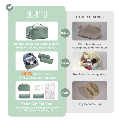 BOYATU Travel Makeup Bag Cosmetic Bags for Women: Large Capacity 3 Pcs Set Make up Bag with Compartments - Waterproof Vegan Leather Toiletry Organizer Bags with Handle (L10 Grass Green) - Image 3