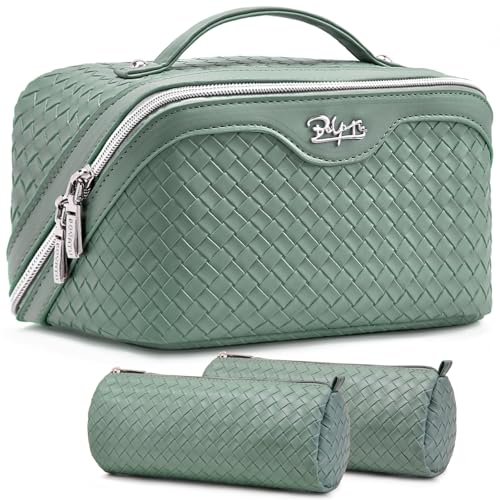 BOYATU Travel Makeup Bag Cosmetic Bags for Women: Large Capacity 3 Pcs Set Make up Bag with Compartments - Waterproof Vegan Leather Toiletry Organizer Bags with Handle (L10 Grass Green) - Image 1