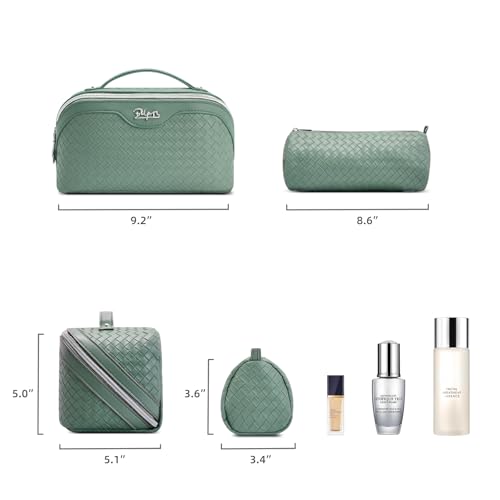 BOYATU Travel Makeup Bag Cosmetic Bags for Women: Large Capacity 3 Pcs Set Make up Bag with Compartments - Waterproof Vegan Leather Toiletry Organizer Bags with Handle (L10 Grass Green) - Image 5