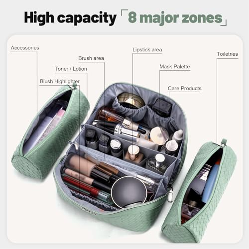 BOYATU Travel Makeup Bag Cosmetic Bags for Women: Large Capacity 3 Pcs Set Make up Bag with Compartments - Waterproof Vegan Leather Toiletry Organizer Bags with Handle (L10 Grass Green) - Image 4