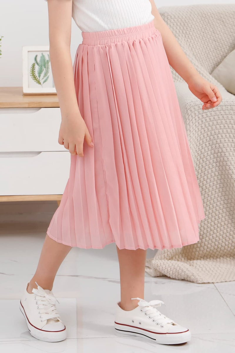 GORLYA Girls Chiffon Pleated Elastic High Waist A-Line Boho Swing Maxi Long Skirt 4-14T (GOR1115, 12Y, Pink) - Image 3