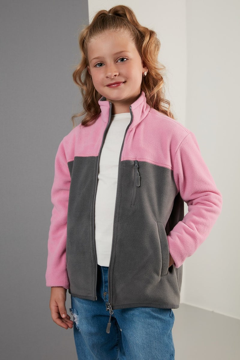 Lela Soft Textured Zippered Color Block Stand Collar Pocket Fleece Unisex Children's Fleece 5905001  - Image 1