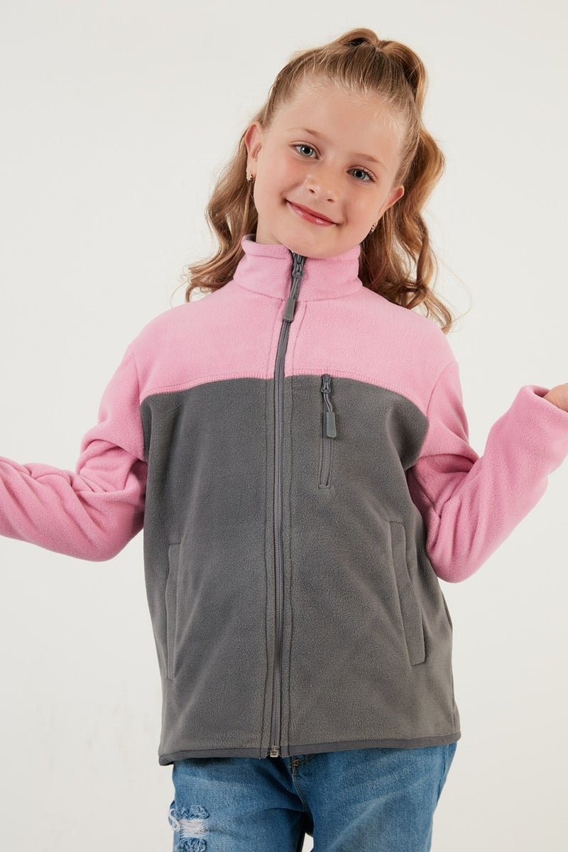 Lela Soft Textured Zippered Color Block Stand Collar Pocket Fleece Unisex Children's Fleece 5905001  - Image 3