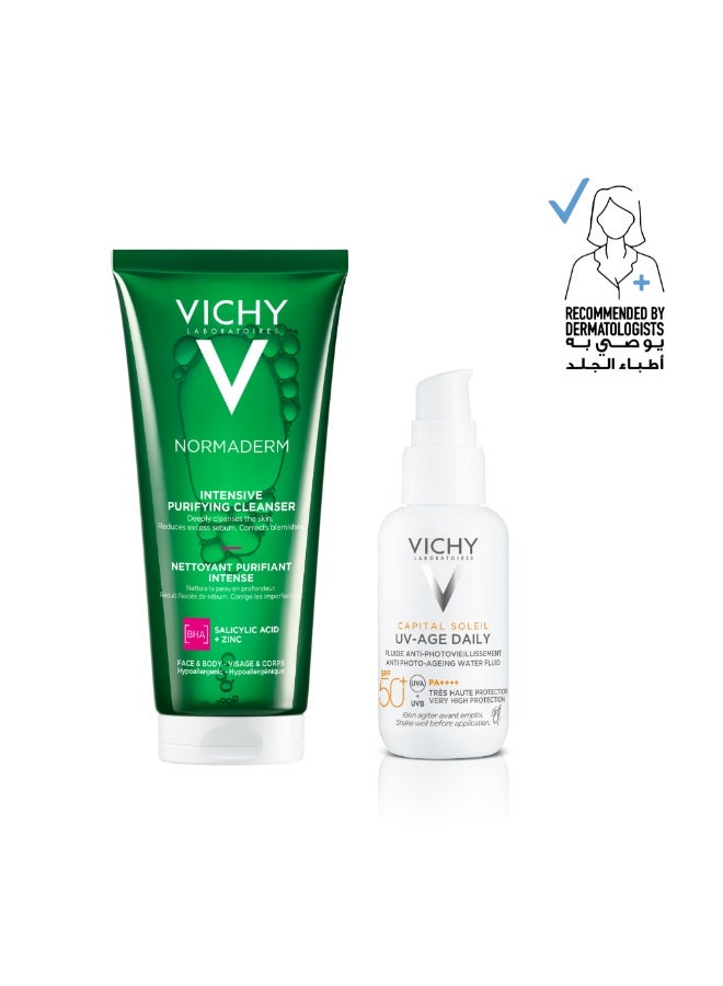 VICHY Normaderm Intense Purifying Cleanser 200ml + Capital Soleil Uv - Age Daily Spf 50+ With Niacinamide 40ml - Image 1