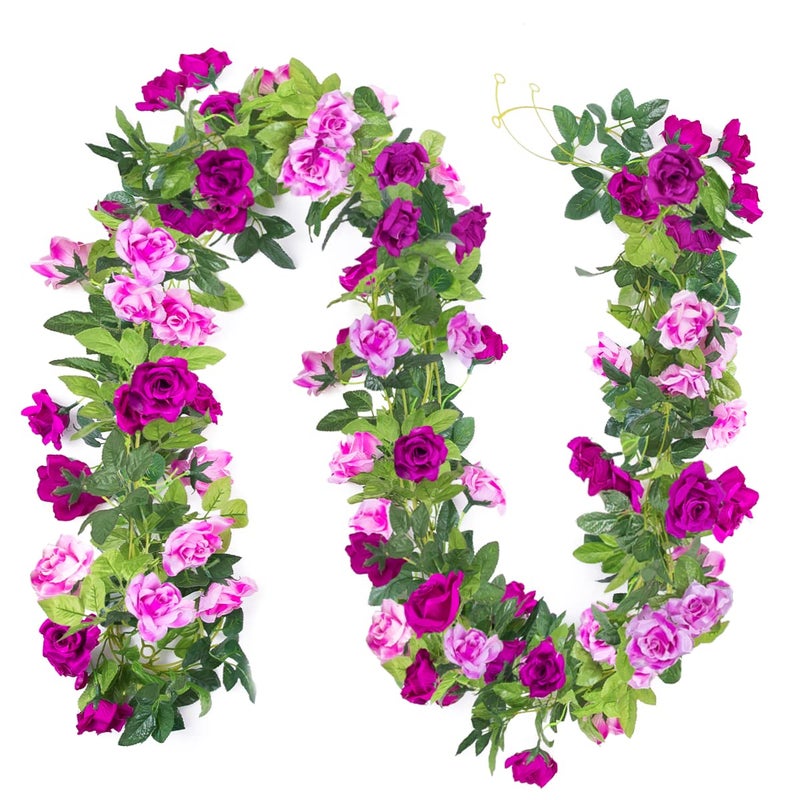 Kisflower 3PCS237FT Artificial Rose Flower Garland Fake Vines Silk Floral Hanging Plant for Wedding Arch Decorations Room Party Home Garden Hotel Office Wall Decor Fuchsia