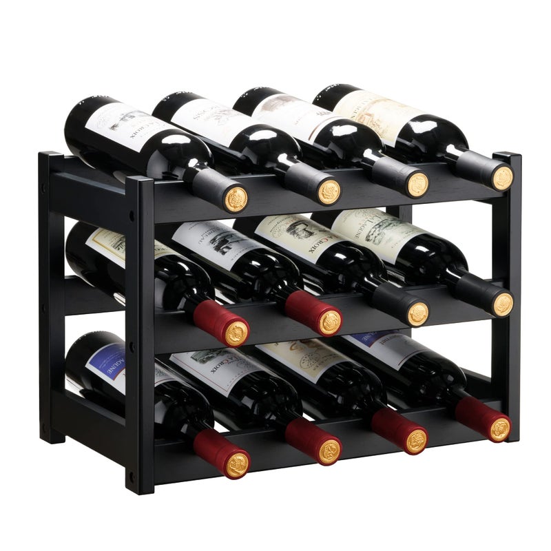VASMIA Bamboo Wine Rack, Sturdy and Durable Wine Storage Cabinet Shelf, Wine Racks Countertop for Pantry,Kitchen,3-Tier 12 Bottles Wine Rack Black - Image 1