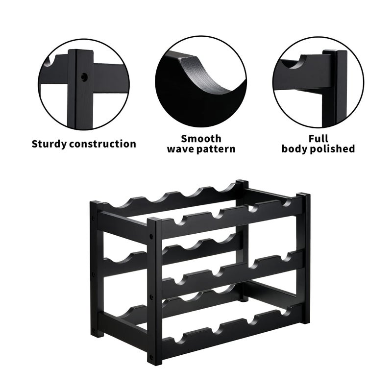 VASMIA Bamboo Wine Rack, Sturdy and Durable Wine Storage Cabinet Shelf, Wine Racks Countertop for Pantry,Kitchen,3-Tier 12 Bottles Wine Rack Black - Image 3