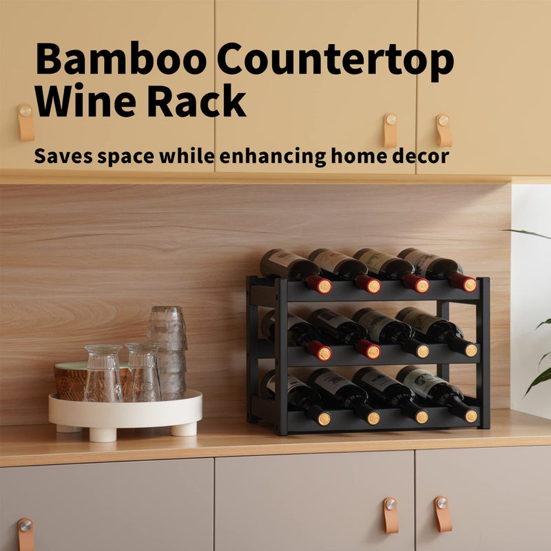 VASMIA Bamboo Wine Rack, Sturdy and Durable Wine Storage Cabinet Shelf, Wine Racks Countertop for Pantry,Kitchen,3-Tier 12 Bottles Wine Rack Black - Image 4
