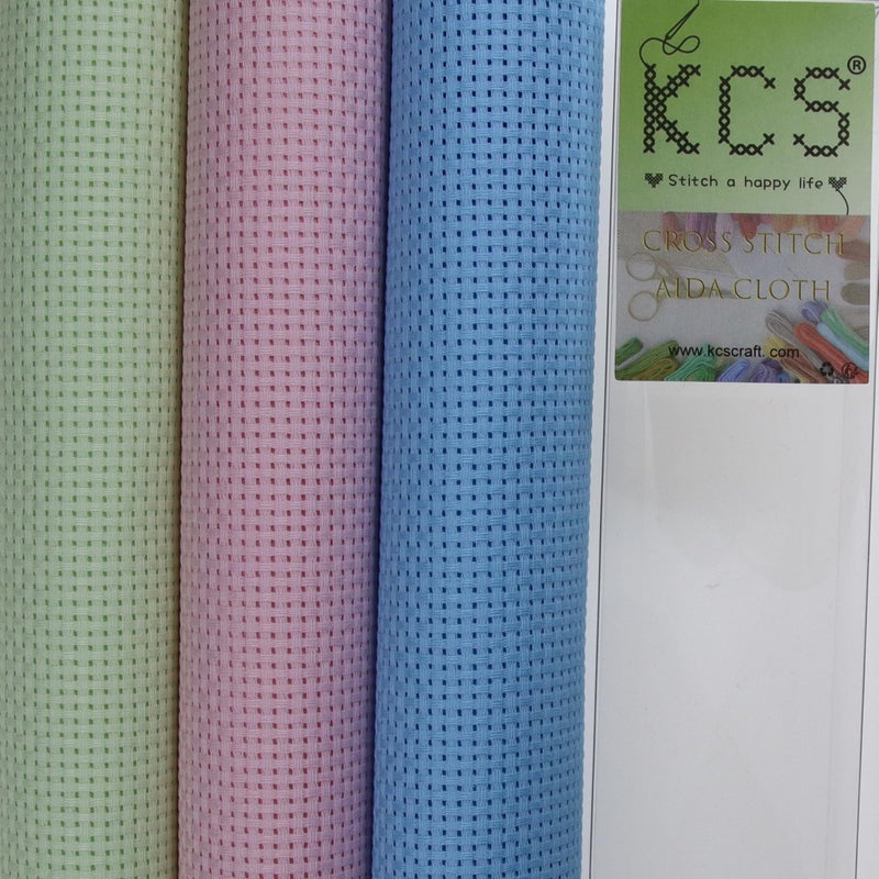 KCS 3 pc of 15" x 18"(38cmx45cm) Counted Cross Stitch Cotton Aida Cloth Needlework Rolled Fabric Box,11CT,Light Blue+Pink+Light Green - Image 1
