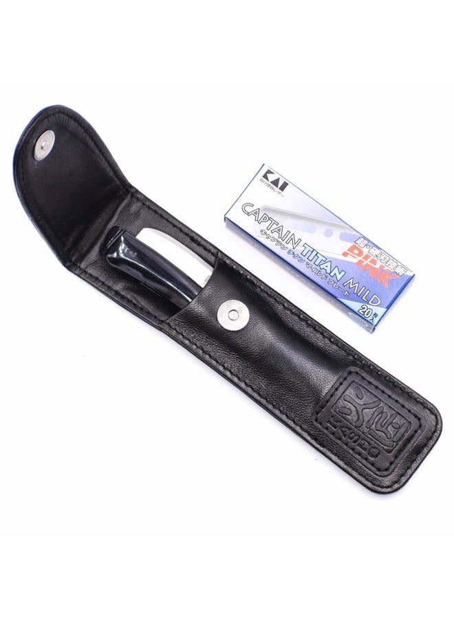 Kai Cutlery Kai Kasho Captain Japanese Professional Folding Straight Edge Barbering Razor with Leather Case - 20 Kai Captain Titan Blades Included - Also Compatible with Feather Artist Club Blades - Image 3