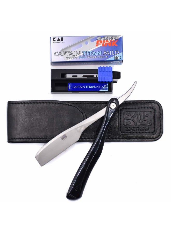 Kai Cutlery Kai Kasho Captain Japanese Professional Folding Straight Edge Barbering Razor with Leather Case - 20 Kai Captain Titan Blades Included - Also Compatible with Feather Artist Club Blades - Image 1