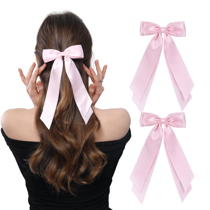 LuSeren 2 PCS Double Layer Hair Bows Pink Hair Ribbon Clips Ponytail Holder Accessories for Women Girls Toddlers Teens Kids - Image 1