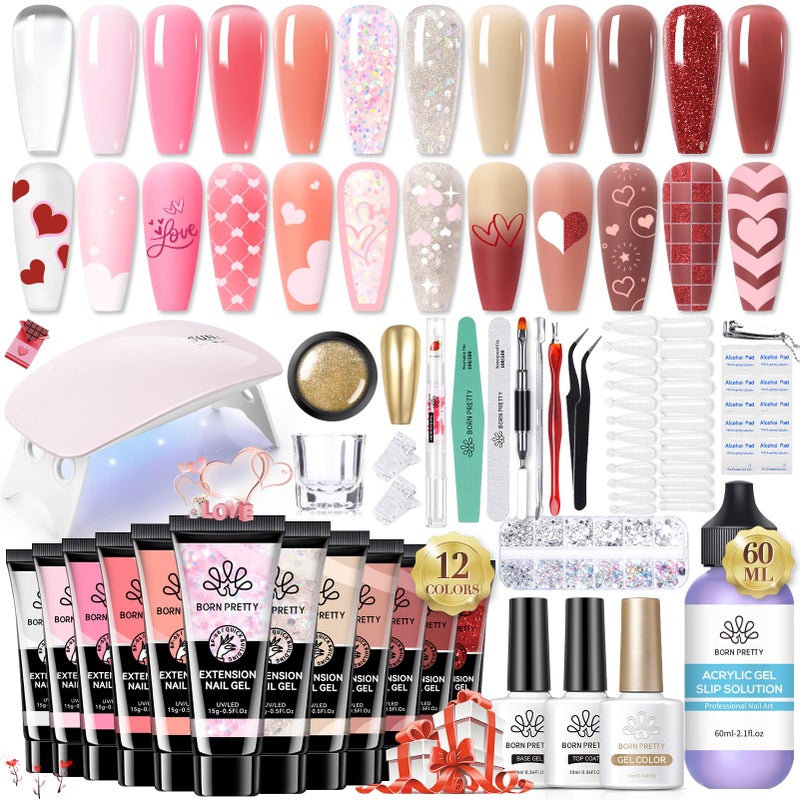 BORN PRETTY Poly Extension Gel Kit12 Colors Extension Nail Gel Kit Nude Clear Jelly Pink AllIn1 Kit Builder Glue with Nail Lamp Base Top Coat Set Nail Forms French Manicure Ideal Gifts