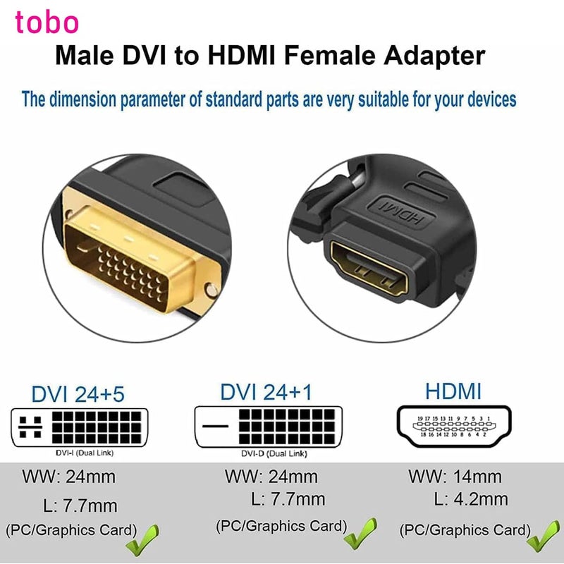 Tobo DVI to HDMI Adapter Bi-Directional DVI Male to HDMI Female Converter, DVI-D 24+1Male to HDMI Female High Speed Adapter C Support 1080P for HDTV Plasma DVD Projector Computer (TD-447H) - Image 2