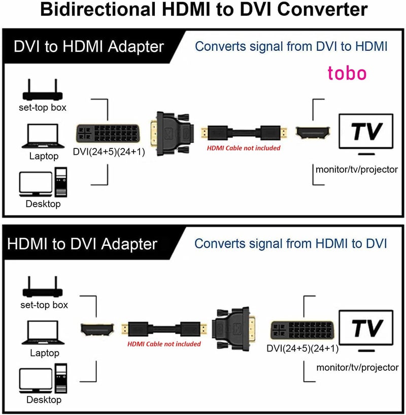 Tobo DVI to HDMI Adapter Bi-Directional DVI Male to HDMI Female Converter, DVI-D 24+1Male to HDMI Female High Speed Adapter C Support 1080P for HDTV Plasma DVD Projector Computer (TD-447H) - Image 3