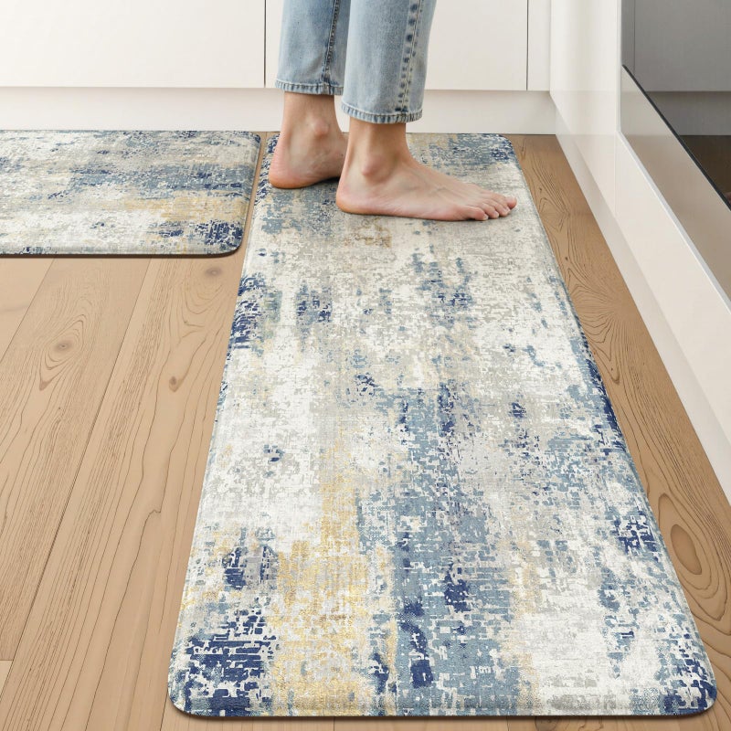 LEEVAN Kitchen Mats Cushioned Anti Fatigue Blue Set of 2,Non Slip Waterproof Kitchen Mats for Floor,Memory Foam Comfort Abstract Kitchen Floor Mat for Sink,Laundry,Home,Office,Desk(17"x29"+17"x47") - Image 1