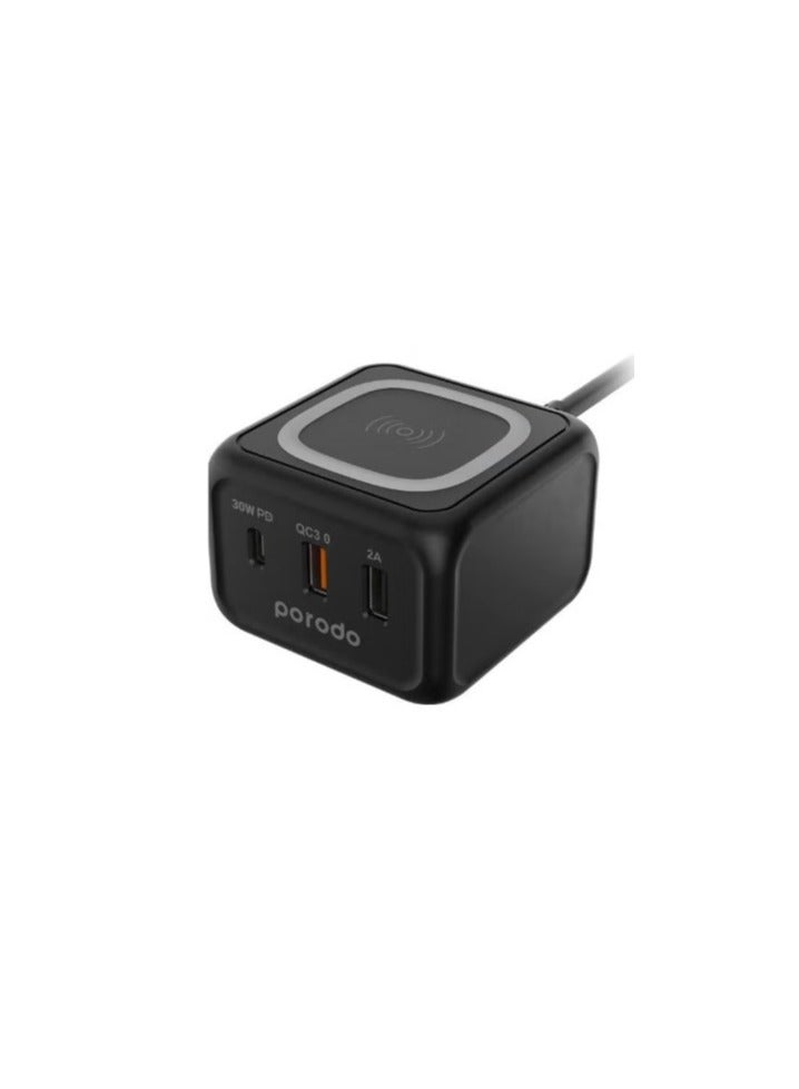 TechFort Desktop Charger With 3-Ports 15W Fast Wireless 1M Cable Smart Design Black - Image 1