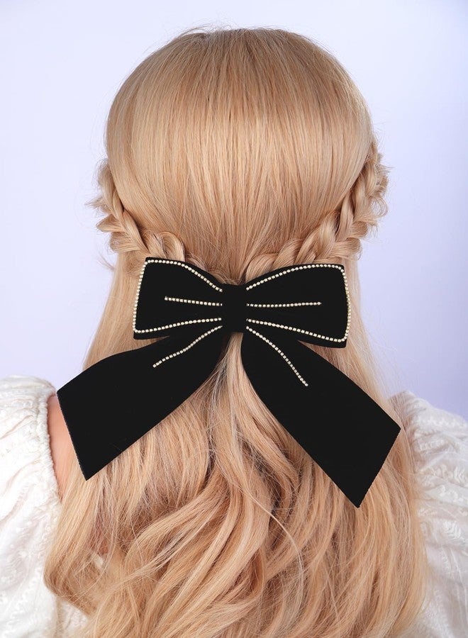 Jumwrit Large Velvet Hair Bow Clip Strong Hold Long Ponytail Holder Bowknot Hair Barrette Vintage Pearl Hair Clip Accessories Christmas Party Hairpin Headpiece for Women Girls (Black) - Image 2