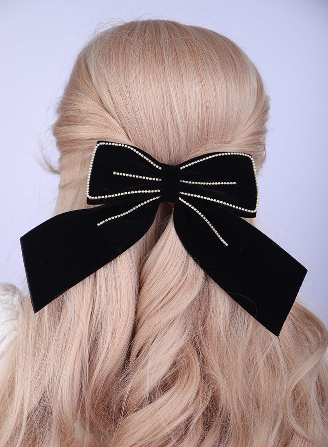 Jumwrit Large Velvet Hair Bow Clip Strong Hold Long Ponytail Holder Bowknot Hair Barrette Vintage Pearl Hair Clip Accessories Christmas Party Hairpin Headpiece for Women Girls (Black) - Image 1