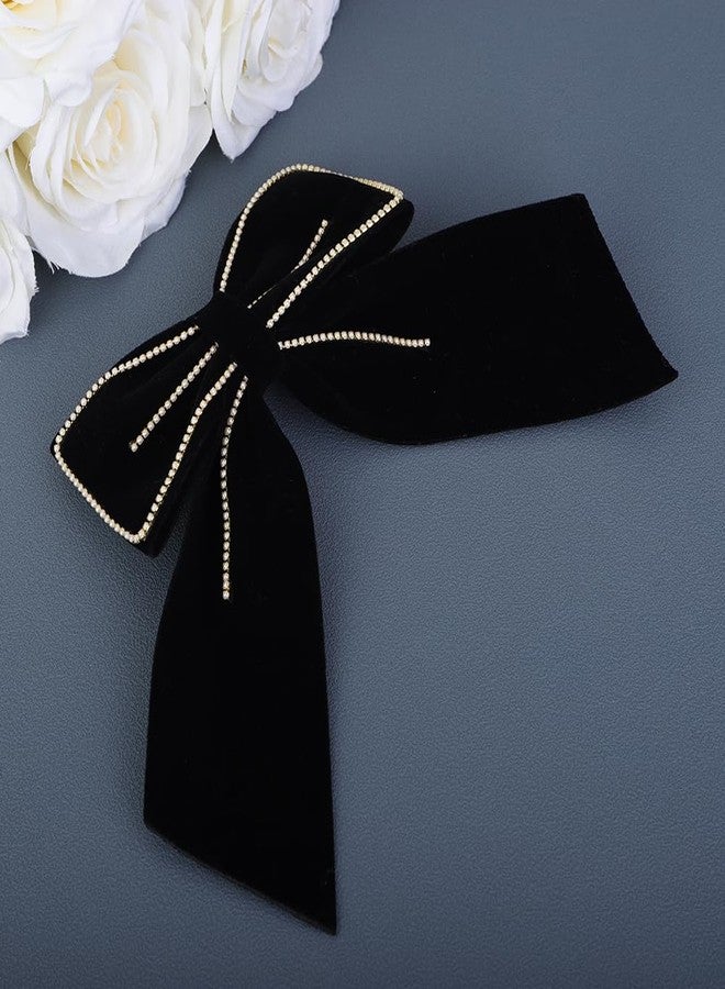Jumwrit Large Velvet Hair Bow Clip Strong Hold Long Ponytail Holder Bowknot Hair Barrette Vintage Pearl Hair Clip Accessories Christmas Party Hairpin Headpiece for Women Girls (Black) - Image 4
