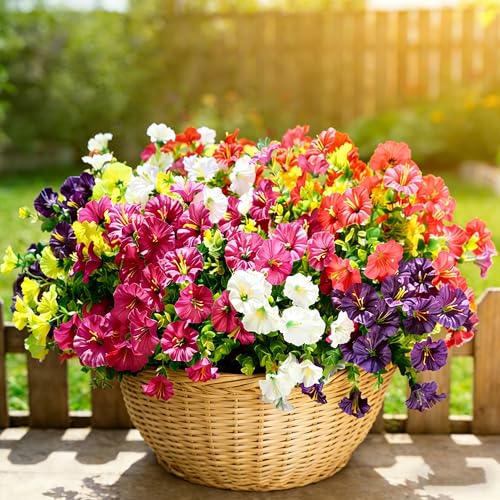 BSGlobal 12 Bundles Artificial Flowers for Outdoors Decoration Faux Silk Morning Glory Flowers UV Resistant Fake Eucalyptus Plants for Spring Summer Garden Patio Home Decor Mix - Image 1