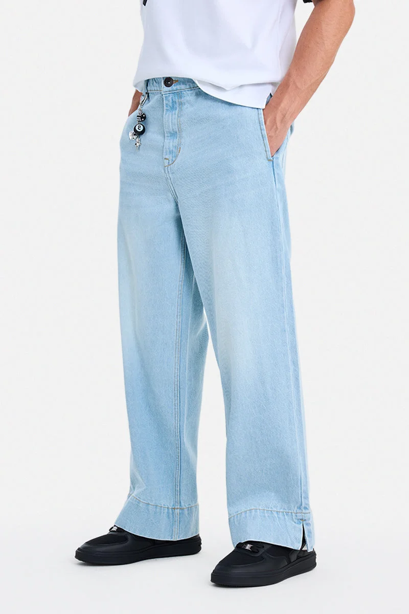 SNITCH Light Blue Solid Wide Leg Streetwear Jeans
