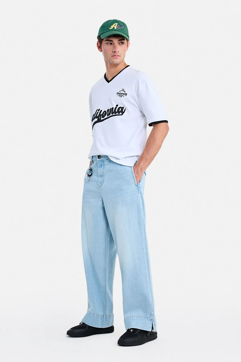 SNITCH Light Blue Solid Wide Leg Streetwear Jeans