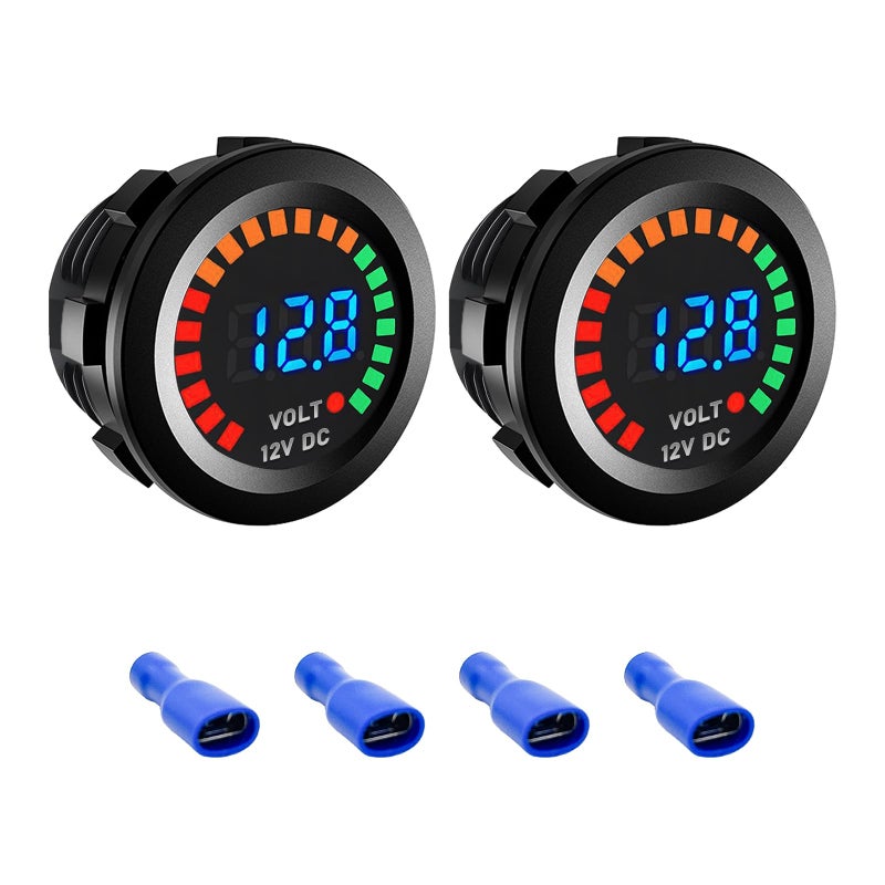 Sylvil 2 PCS Waterproof Voltmeter for Car DC 12V LED Digital Display Voltage Gauge with Terminals Universal Round Panel Vehicle Battery Voltage Tester for Car Motorcycle Boat