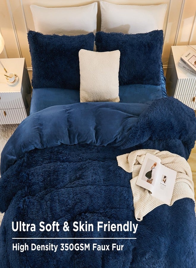Andency Fluffy Navy Blue Comforter Set Full Size, 3 Pieces Winter Faux Fur Warm Soft Fuzzy Plush Bedding Comforter Set (1 Velvet Comforter & 2 Pillowcases), Thick Heavy Comfy Comforters Bedding Set - Image 3