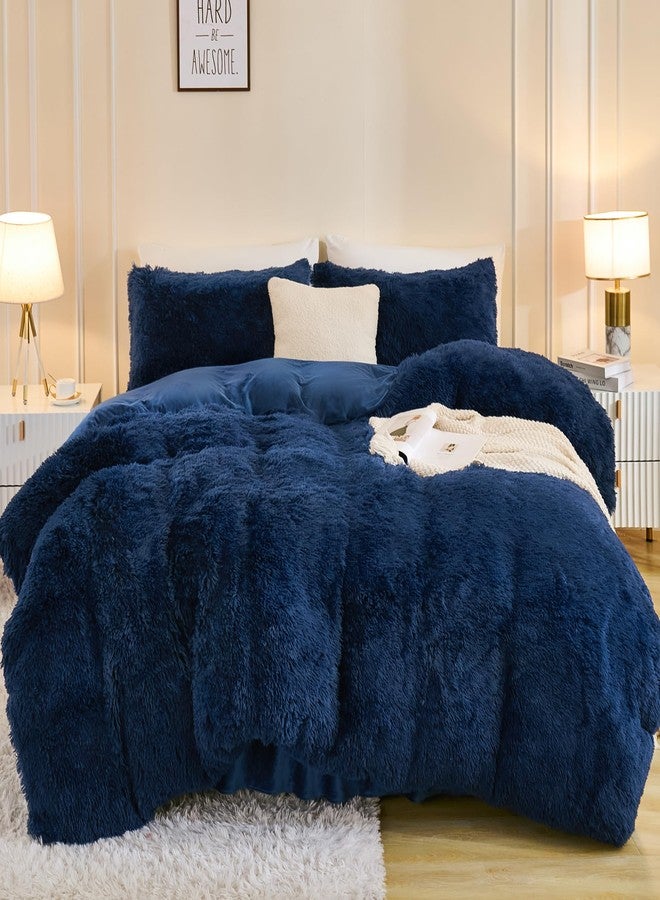 Andency Fluffy Navy Blue Comforter Set Full Size, 3 Pieces Winter Faux Fur Warm Soft Fuzzy Plush Bedding Comforter Set (1 Velvet Comforter & 2 Pillowcases), Thick Heavy Comfy Comforters Bedding Set - Image 4