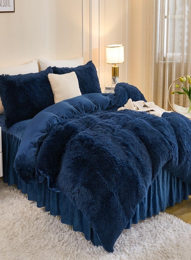 Andency Fluffy Navy Blue Comforter Set Full Size, 3 Pieces Winter Faux Fur Warm Soft Fuzzy Plush Bedding Comforter Set (1 Velvet Comforter & 2 Pillowcases), Thick Heavy Comfy Comforters Bedding Set - Image 2