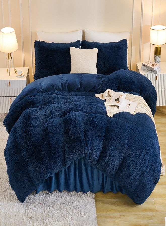 Andency Fluffy Navy Blue Comforter Set Full Size, 3 Pieces Winter Faux Fur Warm Soft Fuzzy Plush Bedding Comforter Set (1 Velvet Comforter & 2 Pillowcases), Thick Heavy Comfy Comforters Bedding Set - Image 1
