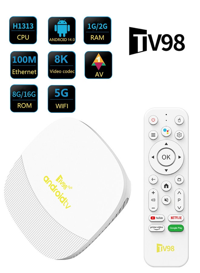 TV98 Android 14.0 Smart TV Box 4G/64G 2.4G 5G Dual WIFI 6 BT5.0 H.265 8K UHD Media Player Set Top Boxes(White) - Image 1