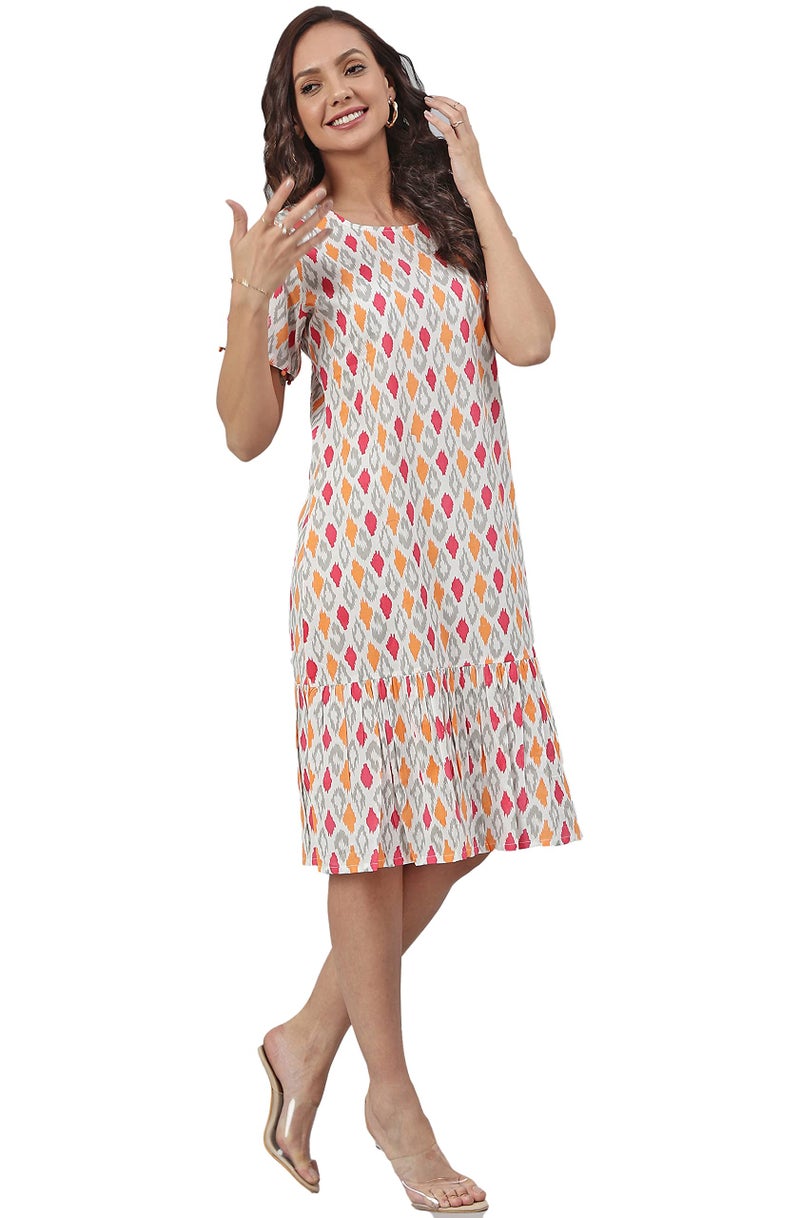 Janasya Women's Off White Cotton Printed A-line Western Dress(JNE3905-DR-XXL) - Image 4