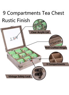 XiuWoo Wooden Tea Box Organizer 9 Compartments Rustic Tea Storage Box Tea Bag Holder Rack Storage Container Tea Caddy for Coffee Tea Sugar Sweeteners Creamers Drink Pods Packets  - Image 4