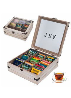 XiuWoo Wooden Tea Box Organizer 9 Compartments Rustic Tea Storage Box Tea Bag Holder Rack Storage Container Tea Caddy for Coffee Tea Sugar Sweeteners Creamers Drink Pods Packets  - Image 1