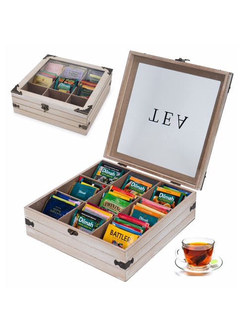 Wooden Tea Box Organizer 9 Compartments Rustic Tea Storage Box Tea Bag Holder Rack Storage Container Tea Caddy for Coffee Tea Sugar Sweeteners Creamers Drink Pods Packets