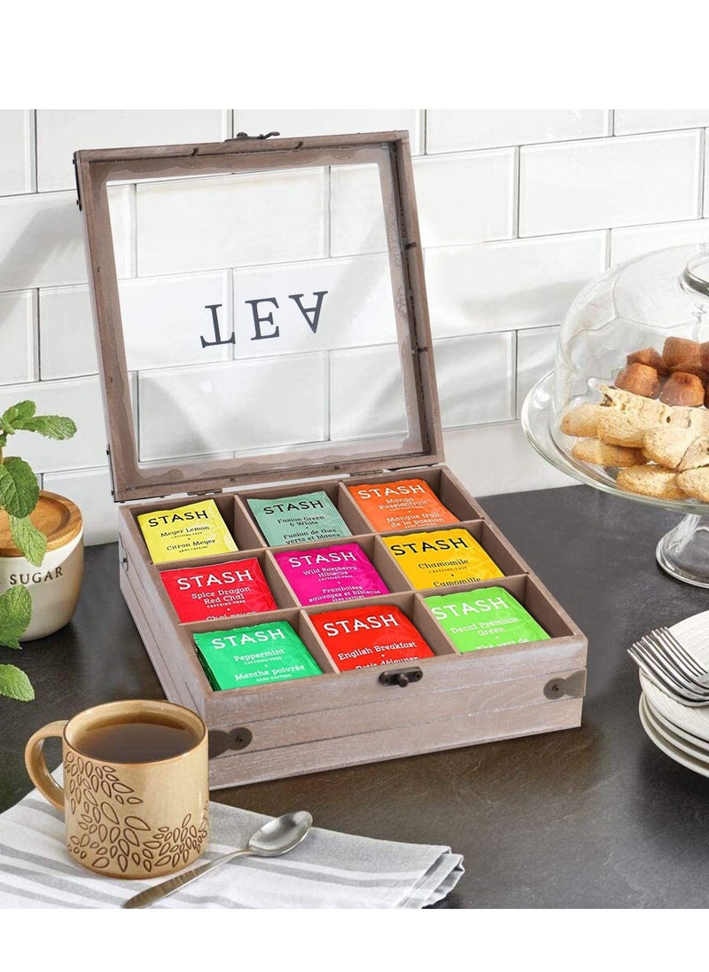 XiuWoo Wooden Tea Box Organizer 9 Compartments Rustic Tea Storage Box Tea Bag Holder Rack Storage Container Tea Caddy for Coffee Tea Sugar Sweeteners Creamers Drink Pods Packets  - Image 5
