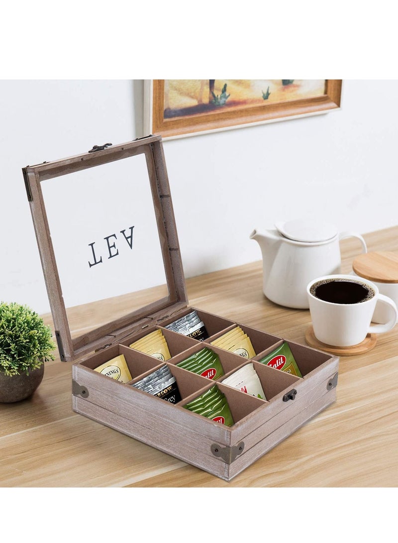 Wooden Tea Box Organizer 9 Compartments Rustic Tea Storage Box Tea Bag Holder Rack Storage Container Tea Caddy for Coffee Tea Sugar Sweeteners Creamers Drink Pods Packets