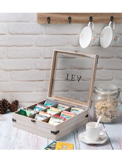 XiuWoo Wooden Tea Box Organizer 9 Compartments Rustic Tea Storage Box Tea Bag Holder Rack Storage Container Tea Caddy for Coffee Tea Sugar Sweeteners Creamers Drink Pods Packets  - Image 2