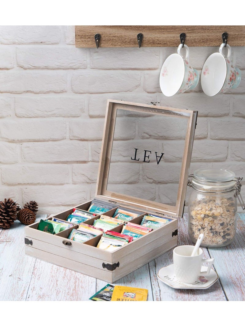 XiuWoo Wooden Tea Box Organizer 9 Compartments Rustic Tea Storage Box Tea Bag Holder Rack Storage Container Tea Caddy for Coffee Tea Sugar Sweeteners Creamers Drink Pods Packets  - Image 2