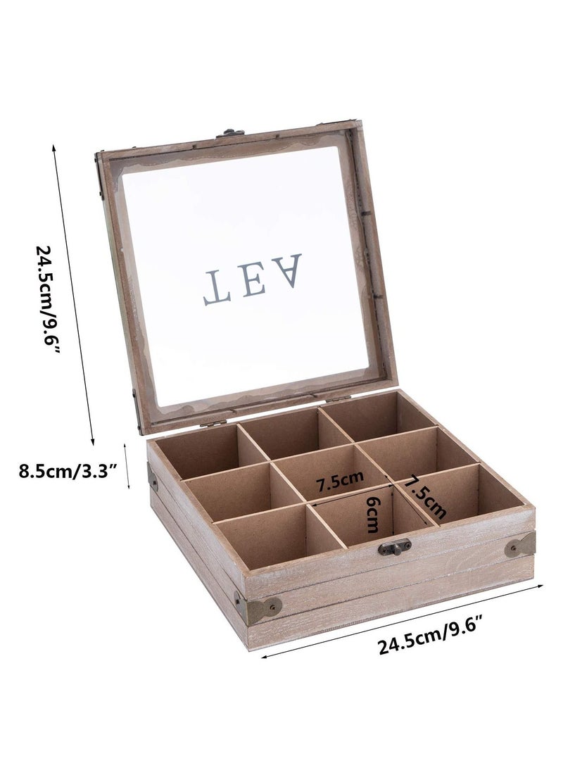 Wooden Tea Box Organizer 9 Compartments Rustic Tea Storage Box Tea Bag Holder Rack Storage Container Tea Caddy for Coffee Tea Sugar Sweeteners Creamers Drink Pods Packets